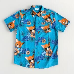 ROODY Fox Print Hawaiian Shirt Men's Size Large Short Sleeve Casual Vacation